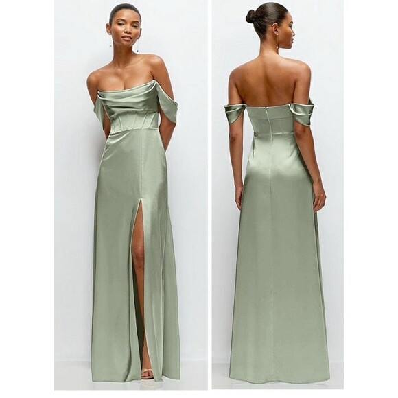 Dessy After Six A-Line Satin Maxi Dress Sage Size 10 Off The Shoulder Strapless - Picture 1 of 11